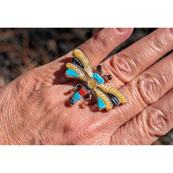 Zuni Dragonfly Inlay Ring Multi Stone Sterling Silver Sz 7.25 Signed Pinto - Picture 1 of 10